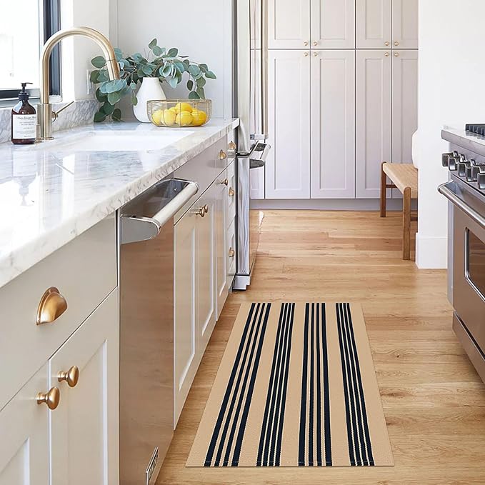 KOZYFLY Striped Front Door Mat 2x3 Ft Brown and Black Cotton Washable Indoor Outdoor Rug Doormats Small Area Rugs for Kitchen Entryway Porch