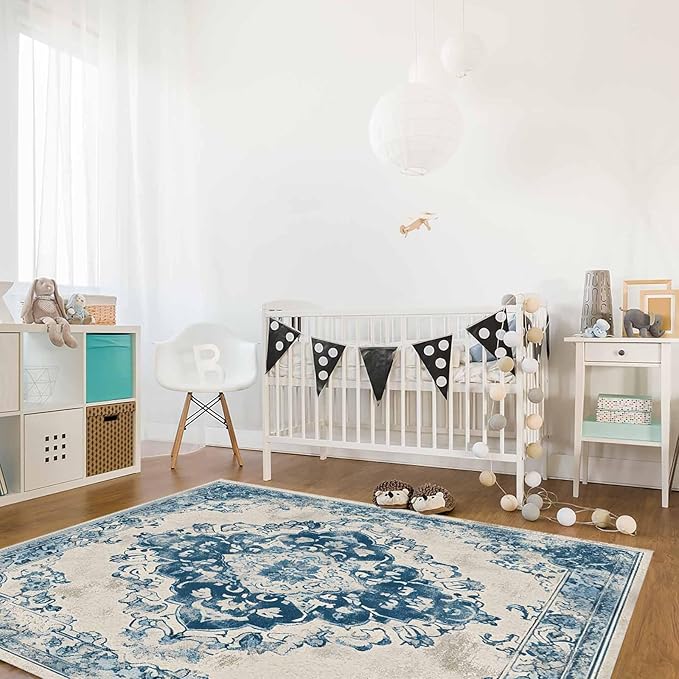 Blue Bohemian Rectangular Area Rugs for Living Room Bedroom 4 x 6 ft Vintage Farmhouse Floral Pattern Non-Shedding Soft Low Pile Rug Non Slip Washable Rug for Nursery Entryway Playroom