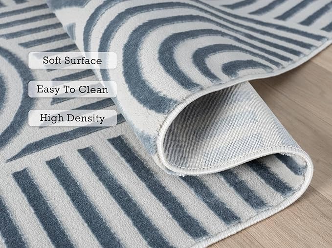 Annabel Modern Geometric Area Rug for Living Room, 4x6 Contemporary Arched and Linear Blue Rug, High-Low Pile Stain Resistant Carpet for Bedroom, Dining Room or Kitchen (4' x 6', Blue)