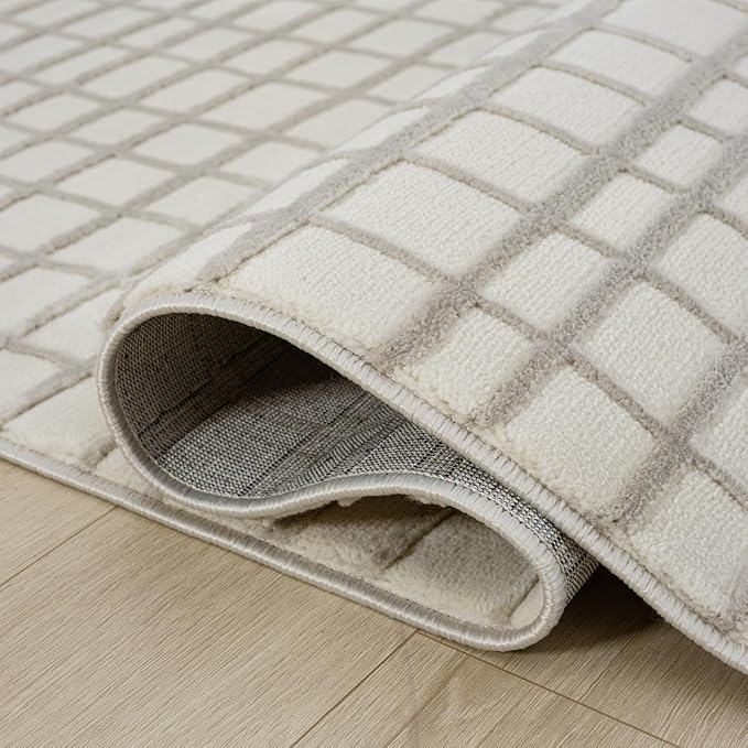 Abani Cream Grid Textured Area Rug - 8' x 10' - Chunky, Plush and Soft Washable Carpet - Perfect for Living Room & Bedroom - Plush Deco Collection