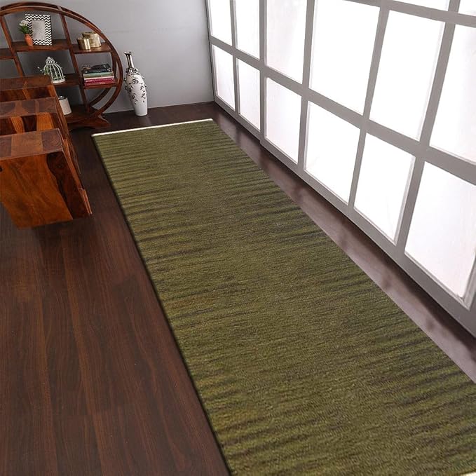 Rugsotic Carpets Hand Woven Flat Weave Kilim Wool ECO-Friendly Area Rugs - 2'6''x8', Runner Shape, Olive Color, Solid Plain Design, Low Pile Handmade Area Rugs for Living Room, Bed Room (D00111)