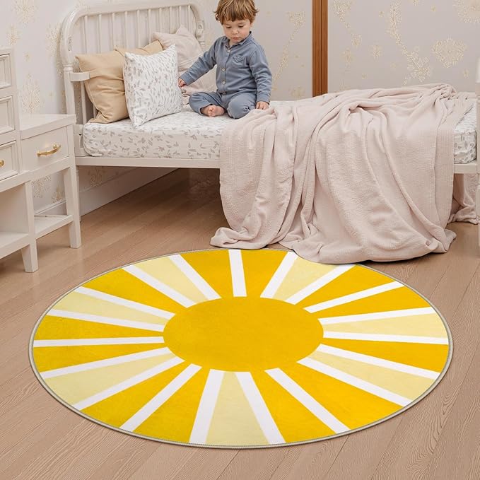 Lahome Washable Round Rug - 6Ft Round Area Rug for Living Room Low-Pile Soft Round Nursery Rug Non-Slip Large Round Dining Room Rug, Boho Rainbow Sun Print Circle Rugs for Bedroom (6'x6', Yellow)