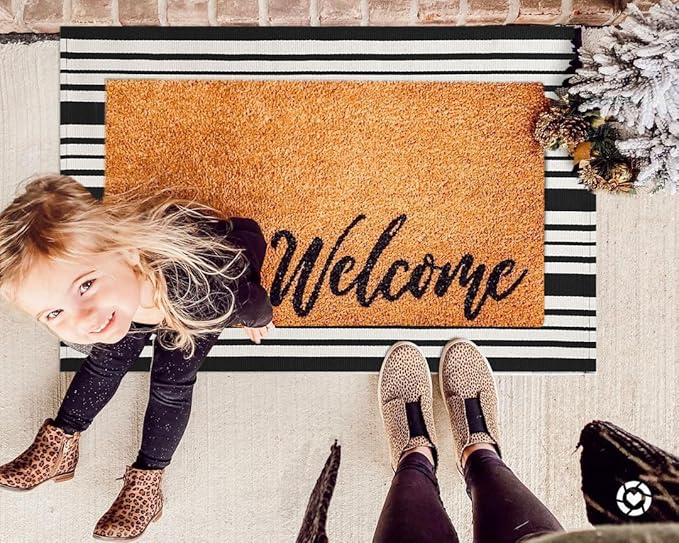 KOZYFLY Black and White Striped Doormat 2x3 Ft Small Area Rug Cotton Front Porch Rug Washable Outdoor Rug Farmhouse Layered Front Door Mat for Front Door Entryway Patio Porch