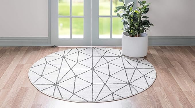 Rugs.com Lattice Trellis Collection Rug – 8 Ft Round White Low-Pile Rug Perfect for Kitchens, Dining Rooms