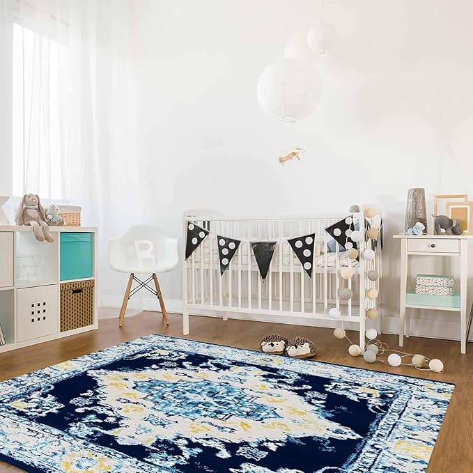 Bohemian Pattern Rectangular Area Rugs for Living Room Bedroom 4 x 6 ft Blue & Yellow Abstract Non-Shedding Soft Low Pile Rug Non Slip Washable Rug for Nursery Entryway Playroom