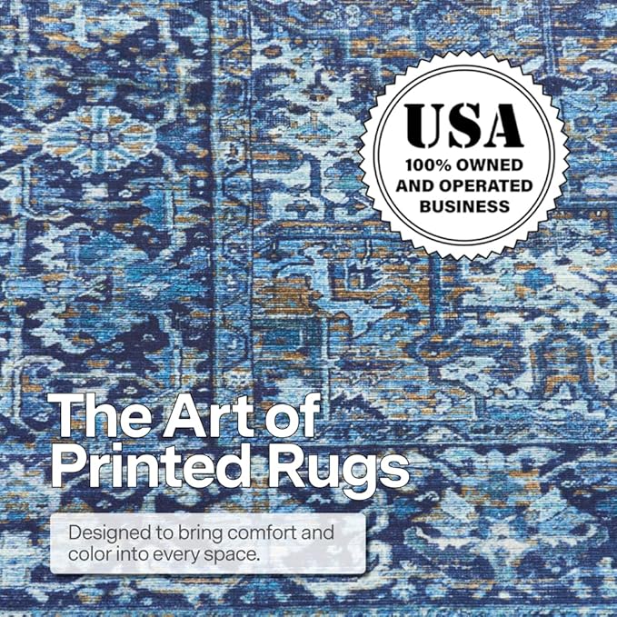 ReaLife Rugs Machine Washable Area Rug - Living Room Bedroom Bathroom Kitchen Entryway Office - Padded Low Pile Stain Resistant Premium - Boho Vintage Traditional - Lyle - Blue 4' x 6'