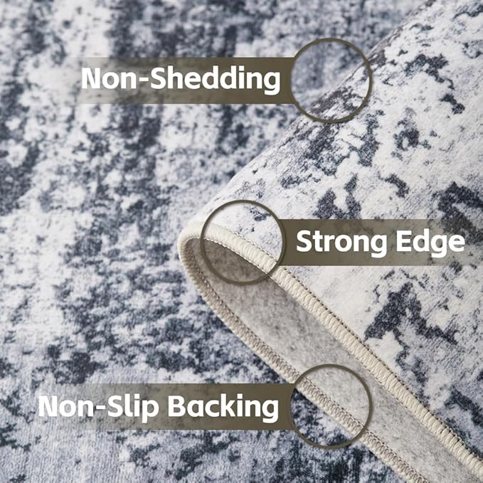 Area Rug 4x6 Washable Rug Grey for Living Room, Dining Room, Bedroom, Large Carpets, Non Slip & Non-Shedding Low Pile Vintage Print Rug for Home Office Decor