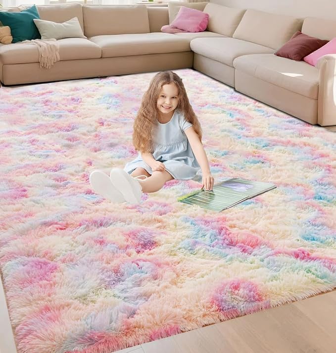 Beglad Fluffy Area Rugs 4x6 Feet, Modern Minimalist Style Shag Rugs, Non-Slip Indoor Carpet Soft Rugs for Bedroom, Living Room & Kids Room, Rainbow