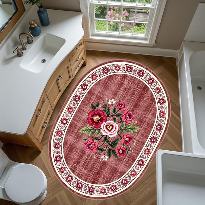 Retro Country Distressed Burgundy Green Florals Texture Bordered Rugs 10x14 for Living Room Bedroom Dining Room Soft Washable Non Skid Area Rug Guestroom Kitchen Doormats Rustic Indoor Oval Carpet
