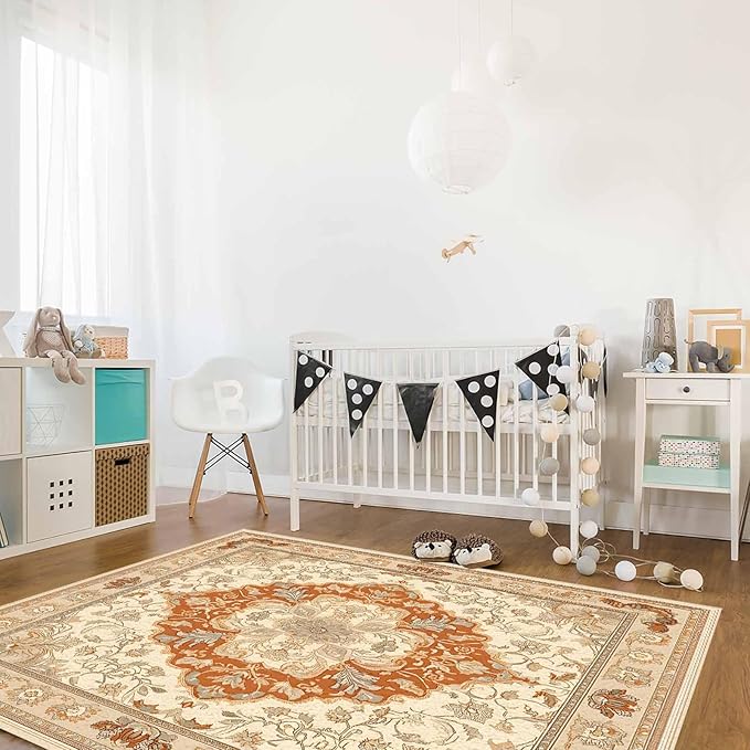 Orange Bohemian Rectangular Area Rugs for Living Room Bedroom 2.8 x 5 ft Vintage Farmhouse Floral Pattern Non-Shedding Soft Low Pile Rug Non Slip Washable Rug for Nursery Entryway Playroom
