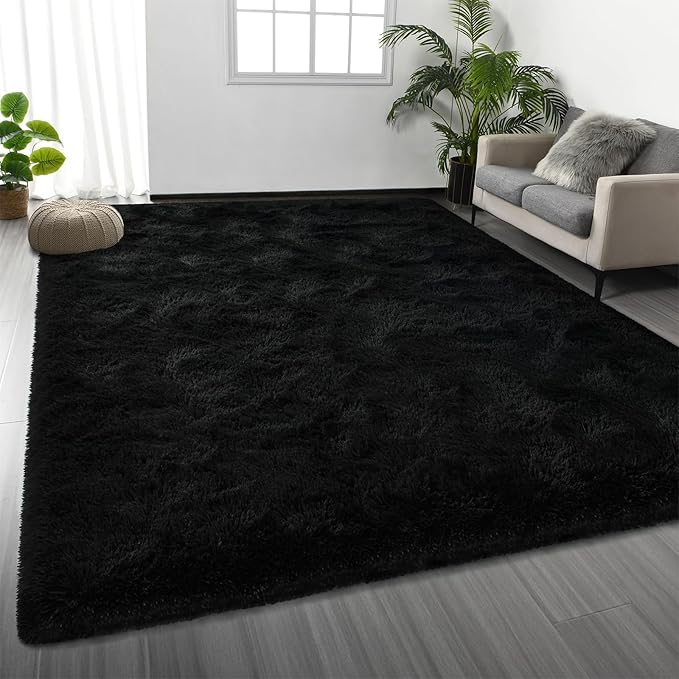 Large Shag Area Rugs 8 x 10, Tie-Dyed Plush Fuzzy Rugs for Living Room, Ultra Soft Fluffy Furry Rug for Bedroom, Indoor Carpet Nursery Rugs for Kids Room Home Decor, Black