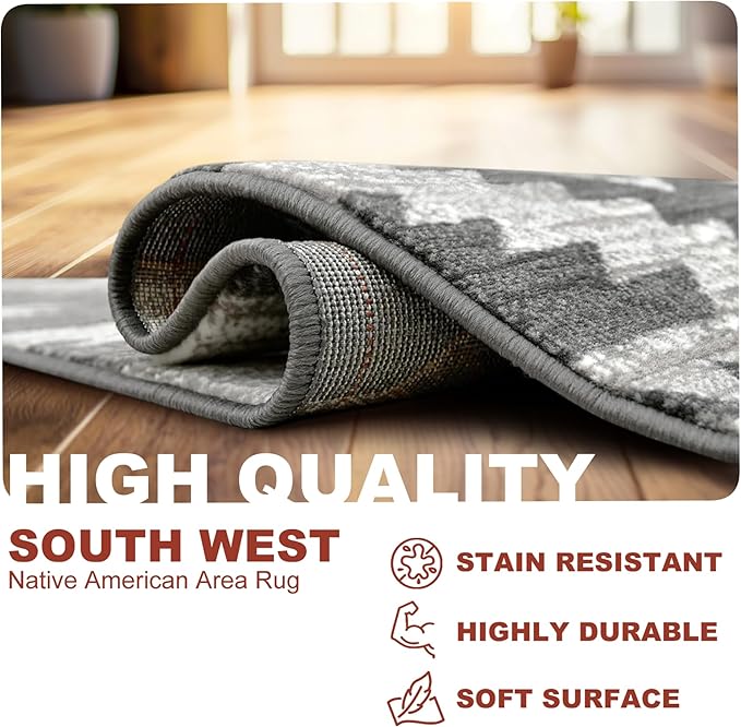 YHSF South West Native American Rug Ritz – Native Tribal American Indian Inspired Rug - Living Room, Bedroom, Hallway, Entryway & High-Traffic Area Rugs - Washable - Soft - Dark Grey, 2 Feet x 7 Feet