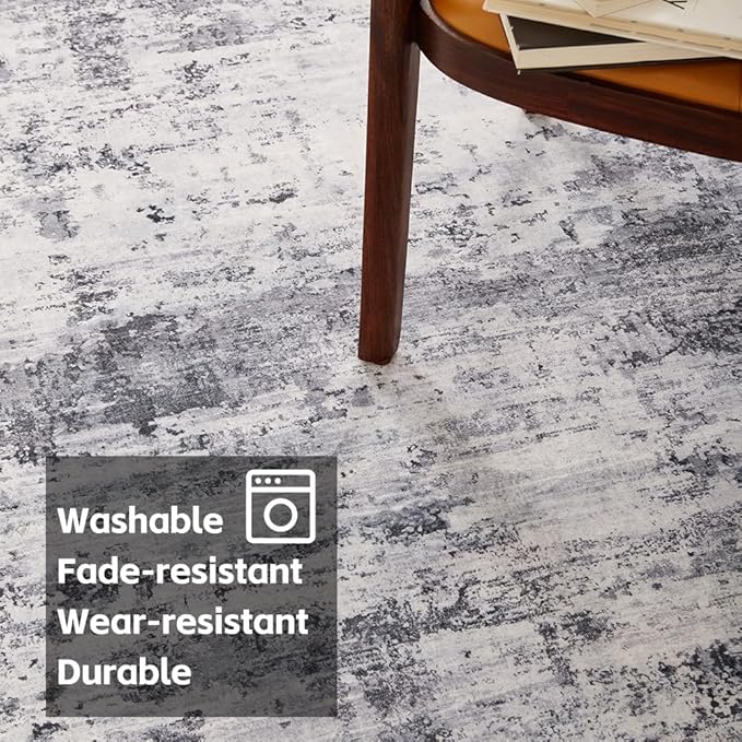 Area Rug 6x9 Washable Rug Black for Living Room, Dining Room, Bedroom, Large Carpets, Non Slip & Non-Shedding Low Pile Vintage Print Rug for Home Office Decor