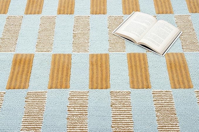 Hand-Tufted Wool Rug with Scalloped Edges, Light Blue Plaid Pattern, Cozy Soft Area Rug for Living Room, Bedroom, and Nursery, Handmade Modern Accent Rug, 9x13 Ft
