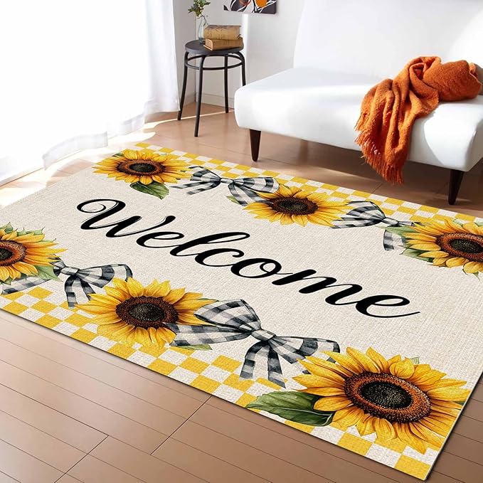 Summer Sunflowers Rectangular Welcome Area Rugs for Living Room Bedroom 3 x 5 ft Bow Tie Plaids Non-Shedding Soft Low Pile Rug Rustic Linen Non Slip Washable Rug for Nursery Entryway Playroom