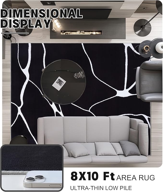 YIHOUSE Modern Washable Area Rug for Living Room Bedroom - Large Abstract Black and White Rug Non-Slip Ultra-Thin Home Decor (Dark Warping, 8'x10'ft)