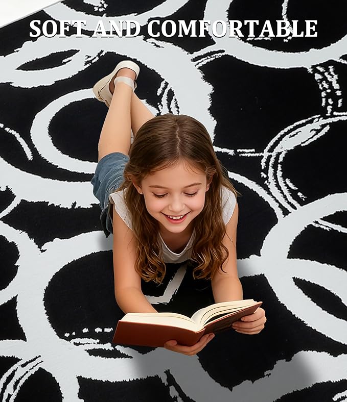 YIHOUSE Black Modern Geometric Area Rug 5x7, Black and White Rug with Abstract Circles,Non-Shedding Washable Rugs for Bedroom, Home Office and Small Living Room