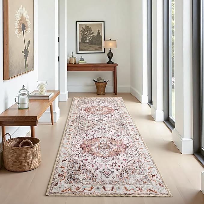 Runner Rug 2×6, Machine Washable Non-Slip Vintage Area Rug, Low Pile, Indoor Carpet Printed Floral Rugs for Living Room, Entryway, Kitchen, Bedroom,Beige