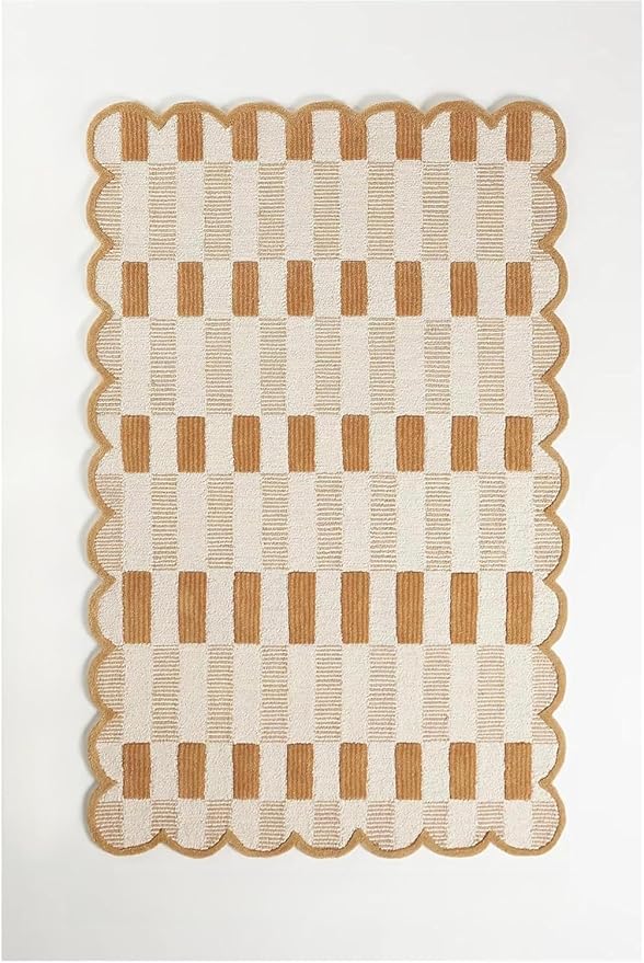 Hand-Tufted Wool Rug with Scalloped Edges, Light Blue Plaid Pattern, Cozy Soft Area Rug for Living Room, Bedroom, and Nursery, Handmade Modern Accent Rug (Neutral, 4X7 FEET)