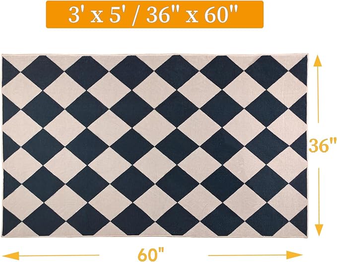 Black Checkered Rug 3x5 Indoor Washable Non-Slip Rug Modern Diamond Soft Low Pile Kitchen Rugs,Neutral Farmhouse Throw Carpet for Nursery Bathroom Room Dorm