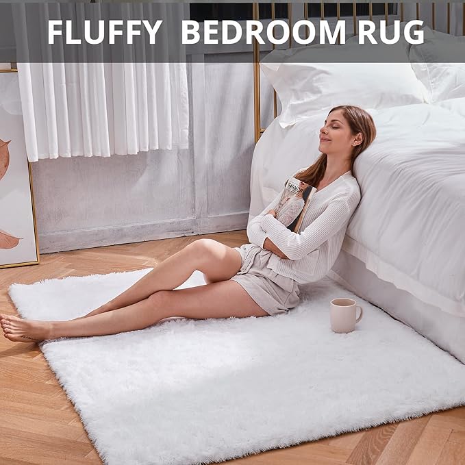 Ophanie White Rugs for Bedroom Fluffy, 4x6 Nursery Soft Fuzzy Shag Plush Shaggy Bedside Area Rug, Living Room Carpet for Girls Kids Baby Teen Dorm Home Decor Aesthetic