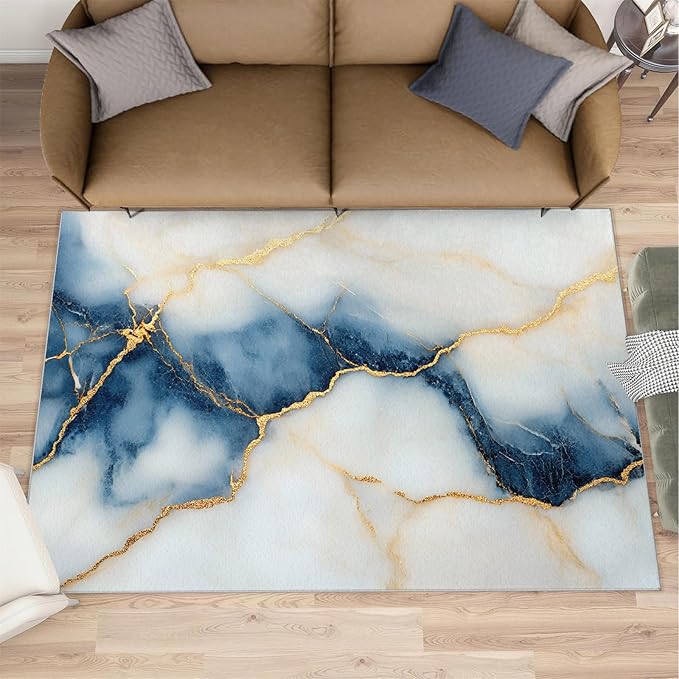 3x4 Abstract Marble Rugs for Entryway - Blue-White-Marble Kids Bedroom Rug, Luxury Stone Pattern Mudroom Rug Soft for Coffee Shop Living Room Under Table Game Room