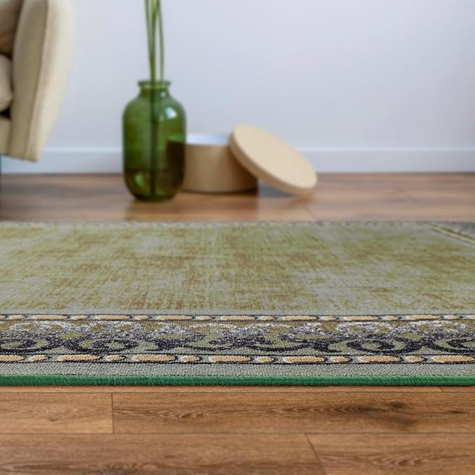 Antep Rugs Alfombras Bordered Modern 5x7 Non-Slip (Non-Skid) Low Pile Rubber Backing Indoor Area Rug (Green, 5' x 7')