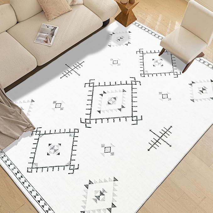 ILANGO Area Rug 9'x12' for Living Room Bedroom Washable Moroccan Boho Rugs for High Traffic Area Non Slip & Non-Shedding Rugs Fade Resistant Carpet for Kitchen Office (White)