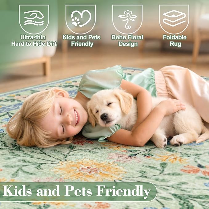 Wonnitar Boho Washable Rugs 8x10, Large Floral Rugs for Bedroom, 8 x 10 Soft Green Living Room Carpet, Non Slip Ultra-Thin Carpet for Kids Playroom Dorm Dining Room
