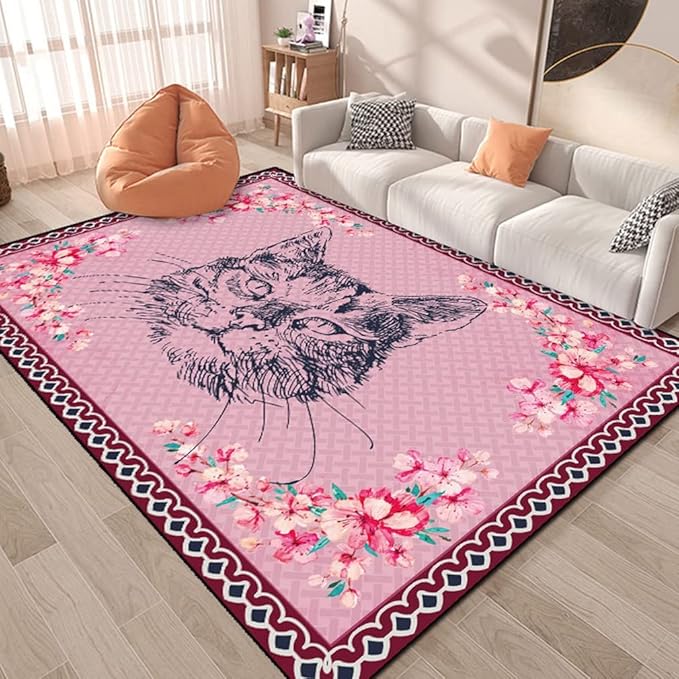 Cartoon Animal Pattern Area Rug Cute Cat Luxury Floral Decor for Carpet Farmhouse Bedroom Living Room Rugs Bathroom Kitchen Runner Mat Indoor Outdoor Non Slip Doormat 4' X 9'