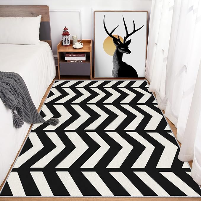 7x9 Black and White Chevron Rugs for Bedroom Decor, Washable Chevron Geometric Pattern Area Rug, Living Room Home Decoration, Non Slip Soft Thin, Modern Zigzag Decor Carpet PF-P 49