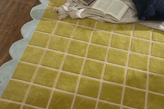 Checkered Wool Area Rug with Scalloped Border, Chartreuse Green & Cream Grid, Hand-Tufted, Soft Cut Pile, Modern Cottagecore Living Room, Bedroom & Nursery Carpet - 9x12 Ft