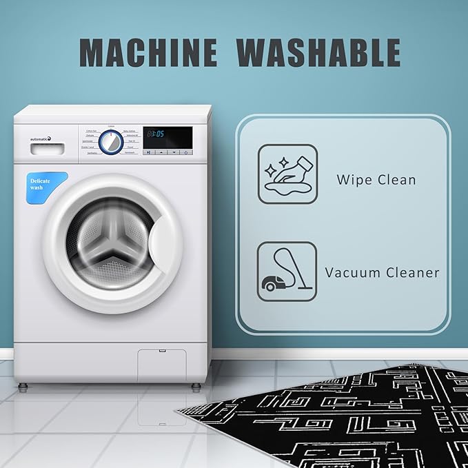 Geometric Rug, Washable 6x9 Rug for Living Room, Black and White Patterned Indoor Carpet, Modern Geometric Decor for Home, Bedroom, Soft Non Slip Thin Design FER21