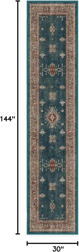 RUGGABLE Washable Vintage Runner Rug – Verena Teal Blue 2.5x12, Stain-Resistant, Non-Slip Hallway Runner – Machine Washable Rug for Hallway, Entryway, Living Room & Kitchen–with Standard Pad