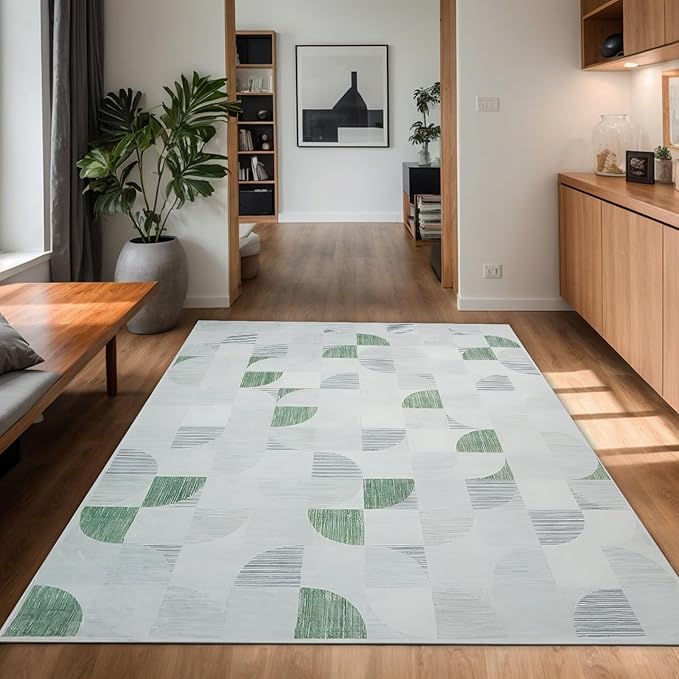 4X6 Rug Boho Washable, Modern Abstract Area Rugs for Bedroom Entryway Living Room Bedside Low-Pile, Small Throw Floor Carpet Non Slip Ultra-Thin Soft Indoor Light Green