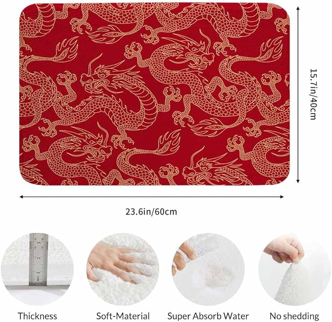 Dragon Bath Mat for Bathroom Traditional Flying Mascot Animal Chinese Dragons Red Bath Rugs Door Mat Non Slip Rubber Backed Bathroom Floor Mat for Bathtub Sink Shower 16"X24"