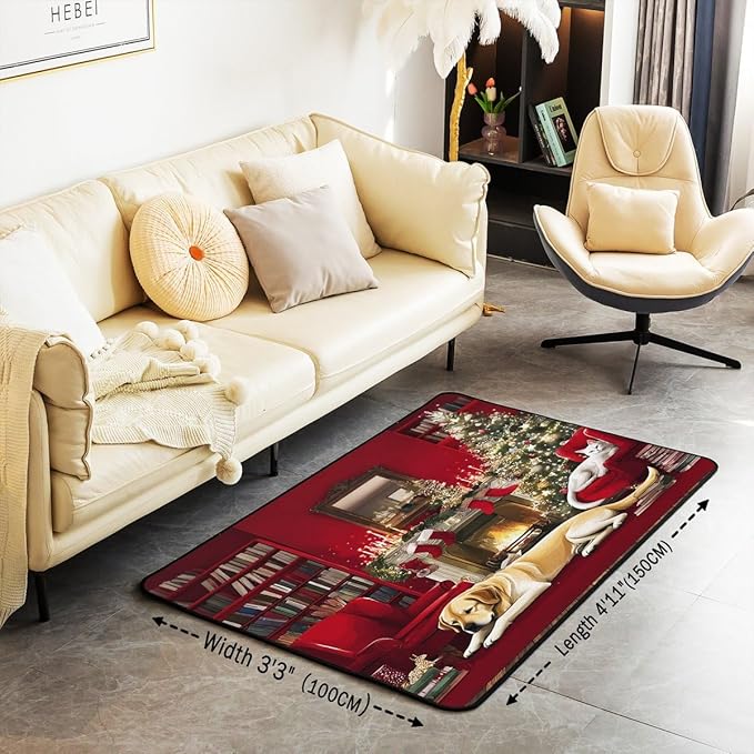 Merry Christmas Area Rug 3x5 Puppy Christmas Tree Rugs for Living Room | Little Cat Pup Dog Washable Rug, Cute Pet Animal Golden Retrievers Carpet Indoor Floor Mat