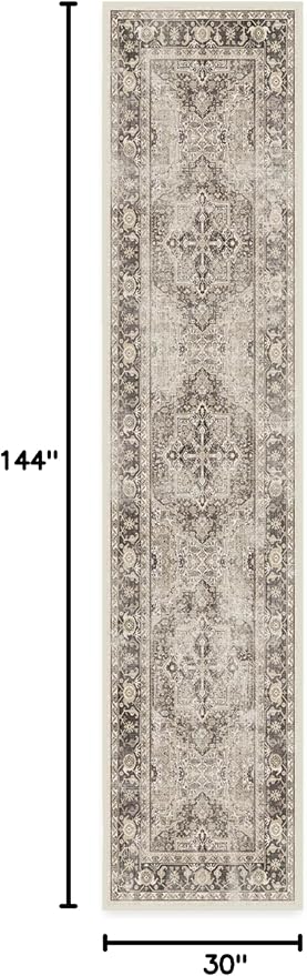 RUGGABLE Washable Vintage Runner Rug – Kamran Hazel 2.5x12, Stain-Resistant, Non-Slip Hallway Runner – Machine Washable Rug for Hallway, Entryway, Living Room & Kitchen–with Standard Pad