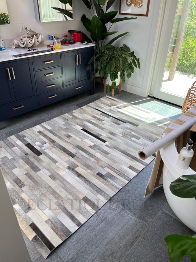 Cowhide Leather Rug for Living Room 6x9, Modern Stripes Style Floor Carpet, Dark Grey Area Rug for Home Decor