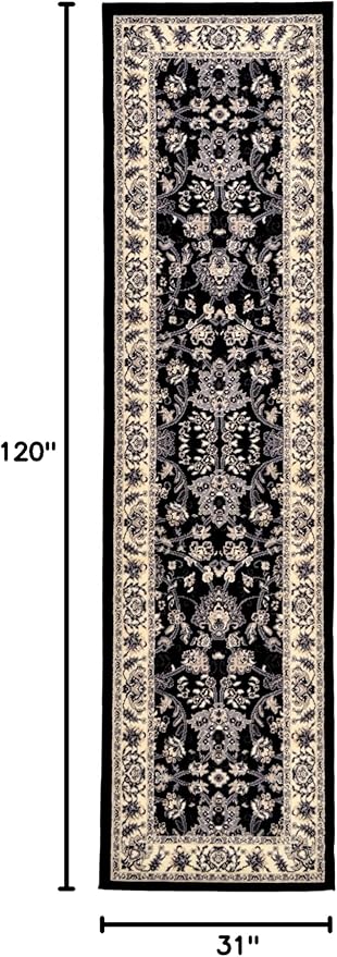 Rugs.com Yasmin Collection Rug – 10 Ft Runner Black Medium Rug Perfect for Hallways, Entryways