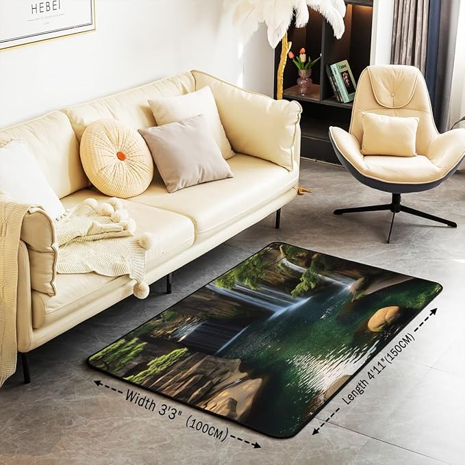Waterfall 3 x 5 Area Rug Lake Cascade Scenery Rugs for Living Room | Chic Nature Art Mountain Rock Washable Rug, Sault Landscape Carpet Indoor Floor Mat