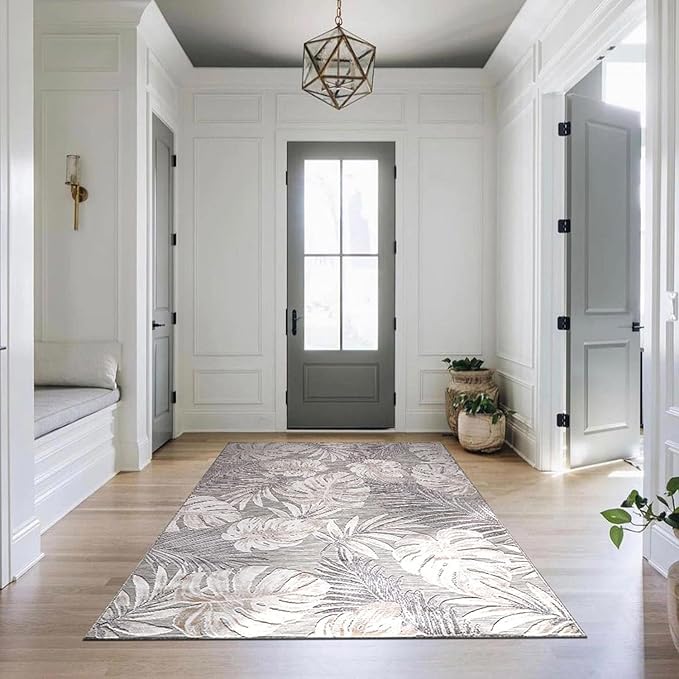CAMILSON Indoor Outdoor Rug, Beige 9’x12’ Leaf Tropical Botanical Area Rugs for Indoor and Outdoor patios, Easy-Cleaning Non-Shedding Living Room, Garden and Kitchen Washable Outside Carpet (9x12)