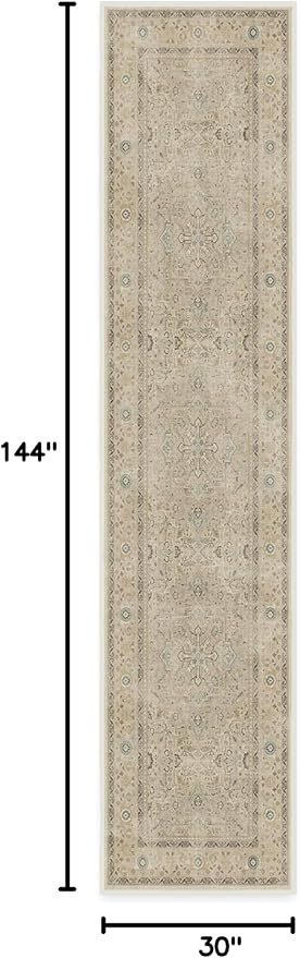 RUGGABLE Washable Vintage Runner Rug – Kamran Ivory Opal 2.5x12, Stain-Resistant, Non-Slip Hallway Runner – Machine Washable Rug for Hallway, Entryway, Living Room & Kitchen–with Standard Pad