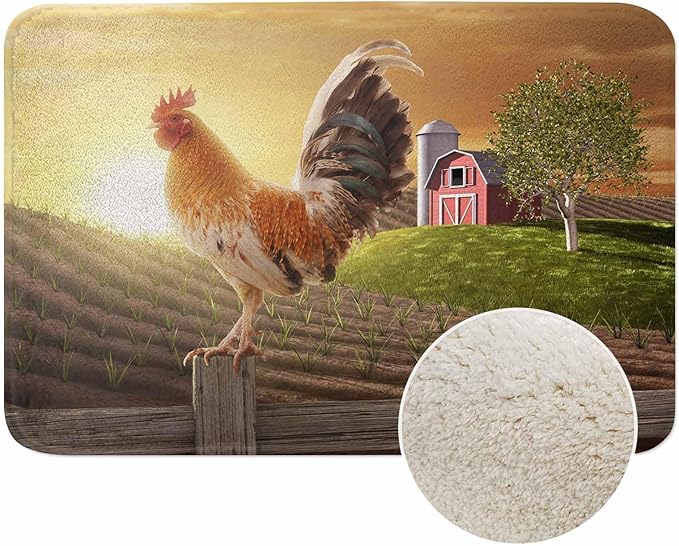 Rooster Bath Rugs for Bathroom Sunrise Rooster Hen Farm Fence Durable Flannel Bath Rug Clearance Mats for Forlaundry Room and Kitchen Decor Carpt Washable 20 X 32 Inch Mat