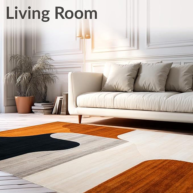 Flatwoven High Traffic Area Rug 4x6, Black Orange Abstract Geometric Shape, Non Slip, Stain Resistant, Washable Area Rugs for Living Room, Bedroom (Orange, 4x6)