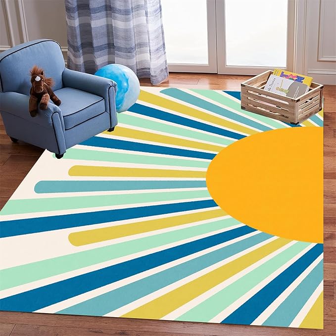 Rainbow Sun Area Rug,6x8ft,Boho Geometric Print Rug, Modern Mid-Century Colorful Rug for Kids Girls Boys Bedroom, Living Room, Classroom, Office Non-Slip Washable