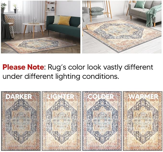 Keen Home Design 4x6 Rug - Machine Washable Area Rug with Non-Slip Backing, Ideal for Living Room, Dining Room, Bedroom - Vintage, Easy Clean, Durable, Low Pile Rug - (4' x 6')