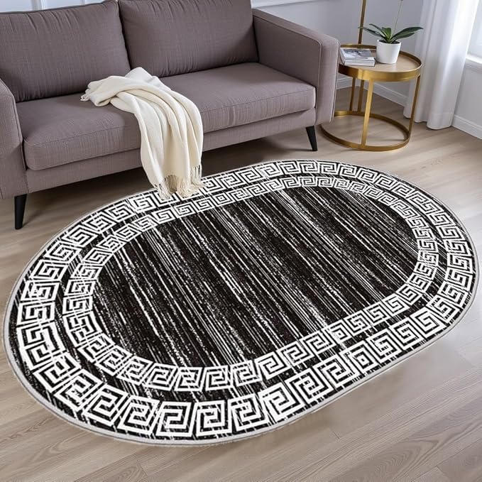 Minimalist Distressed Black Off White Greek Key Pattern Bordered Rug 4x6 for Liivng Room Bedroom Dining Room Soft Non Skid Washable Large Rugs Nursery Dorm Kitchen Rustic Classic Indoor Oval Carpet