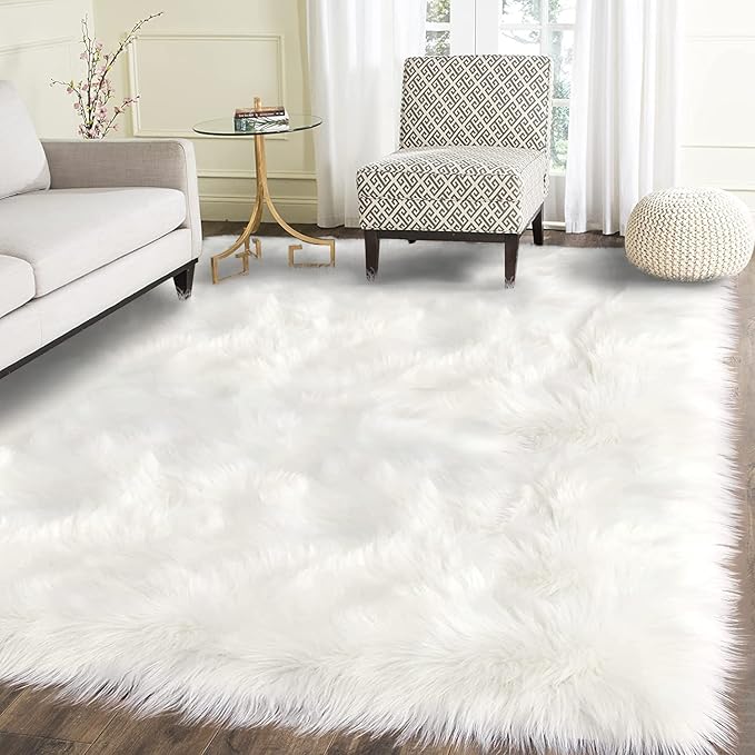 Latepis 9x12 Area Rug for Bedroom White Fluffy Rugs Washable Faux Fur Rug for Living Room Fuzzy Shaggy Rug for Office Entertainment Room Home Décor Rectangle