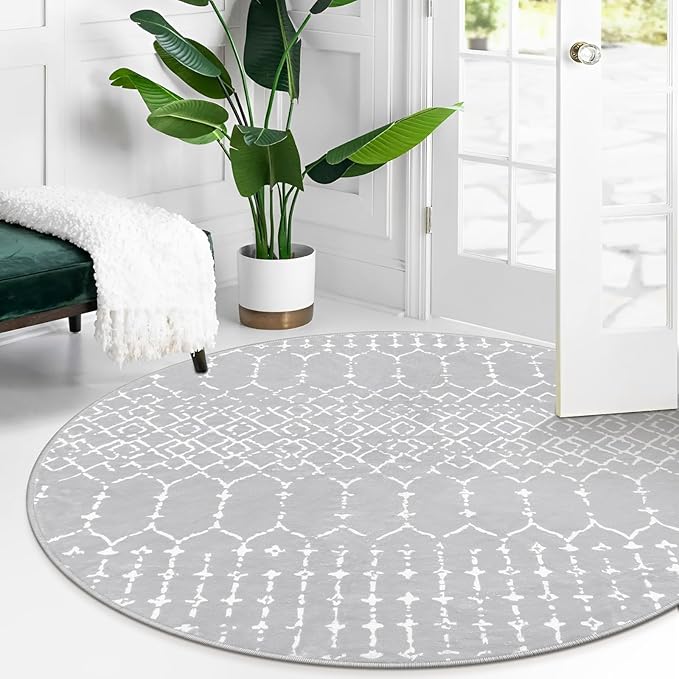 Lahome Moroccan Round Washable Rug 3Ft Small Circle Soft Non-Slip Grey Bathroom Rug, Stain Resistant Low Pile Entryway, Modern Geometric Print Indoor for Kitchen Sofa Doorway